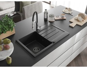 Mexen Bruno, 1-komorový granitový drez 795x495x200 mm a drezová batéria Aster, čierna, 6513-77-73450-07-B