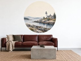 Maják na skalnatom pobreží kruhová akvarelová dekorácia s pobrežnou krajinou na stenu arch 46 x 46 cm