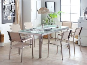 Sada záhradného nábytku stôl s bielou sklenenou doskou 180 x 90 cm 6 béžových stoličiek GROSSETO Beliani