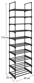SongmicsHome Stohovateľný regál na topánky TUBE, 10 políc, 45x30x174cm, čierna