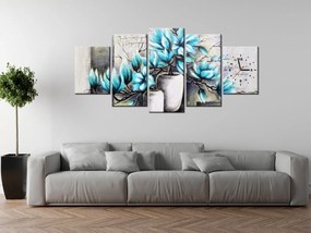 Gario Obraz s hodinami Modré magnólie vo vázach - 5 dielny Rozmery: 150 x 105 cm