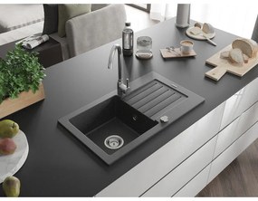 Mexen Pablo, 1-komorový granitový drez s odkvapkávačom 75x44 cm a kuchynskou batériou Telma, čierna-škvrnitá, 6510-76-670200-00