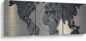 Obraz - Mapa sveta v kamennej textúre (s hodinami) (90x30 cm)
