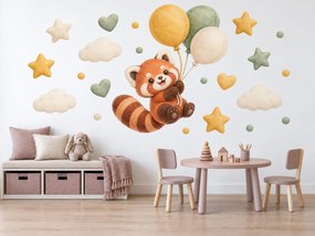 Plyšová červená panda s balónmi hrdzavé a šalviové textilné nálepky na stenu pre dievčatká aj chlapcov arch 46 x 35 cm