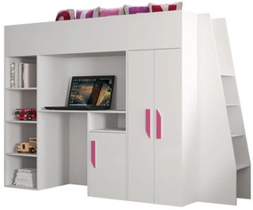 Detská kombinovaná posteľ 90 cm Puro 15 (matná biela + biely lesk + ružové úchytky). Vlastná spoľahlivá doprava až k Vám domov. 1087100