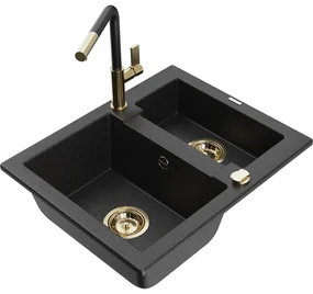 Mexen Carlos, 1,5-komorový granitový drez 582x475x177 mm a drezová batéria Flora, čierna-strieborná metalíza, 6518-73-670401-57-G