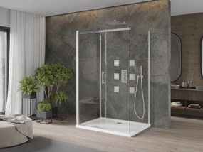 Mexen Omega, 3-stenový sprchovací kút s posuvnými dverami 100 (dvere) x 80 (stena) x 190 cm, 8mm číre sklo, chrómový profil + biela sprchová vanička SLIM, 825-100-080-01-00-3S-4010