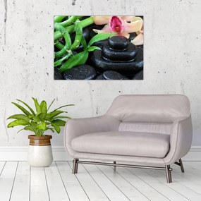 Sklenený obraz - Kamene a orchidey (70x50 cm)