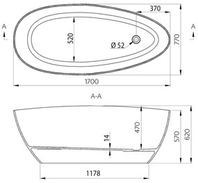 Gelco Gelco, ELIPSIE - vaňa, 1700x770x620mm, liaty mramor, objem 330l, biela lesk, GVEL1700