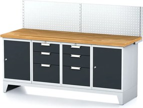Dielenský stôl MECHANIC I, perforovaný panel, 2 skrinky a 2 zásuvkové boxy na náradie, 6 zásuviek, 2000x685x880 mm, grafit