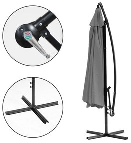 Veľký záhradný slnečník s ramenom, skladací, 3m, GREY