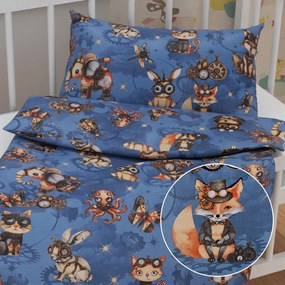 Biante Detské bavlnené posteľné obliečky do postieľky Sandra SA-581 Zvieratká vynálezcovia na modrom Do postieľky 100x135 a 40x60 cm