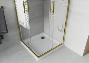 Mexen Rio, štvorcový sprchovací kút s posuvnými dverami 70(dvere) x 70(dvere) x 190 cm, 6mm číre sklo s pásikmi, zlatý profil + biela sprchová vanička SLIM, 860-070-070-50-20-4010G