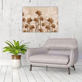 Sklenený obraz abstraktných kvetín - hnedá (70x50 cm)