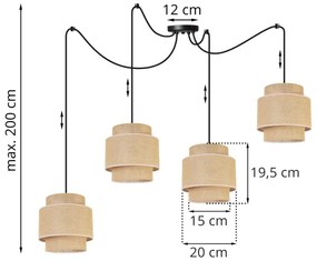 Závesné svietidlo BOHO SPIDER, 4x jutové tienidlo, (výber z 2 farieb konštrukcie)