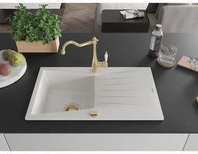 Mexen Cesar, 1-komorový granitový drez 775x470x190 mm a drezová batéria Carla, biela, 6514-20-670700-50