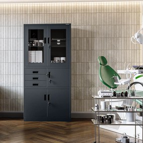 Kovová spisová skriňa so zásuvkami, vitrínou a trezorom FILIP, 900 x 1850 x 400 mm, antracitová