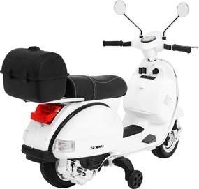 Ramiz Elektrický skúter Vespa pre deti biely + pomocné kolieska + audio + ekokoža + EVA + plynulý štart