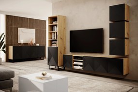 Závesná TV skrinka Asha 200 cm s ryhovaným čelom a otvorenou poličkou - artisan / čierny mat