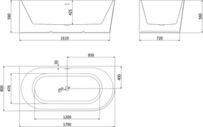 Mexen Silo, rohová voľne stojaca ryhovaná vaňa, ľavá, 170 x 80 cm, biela lesklá, biely prepad, 52891708000L-20