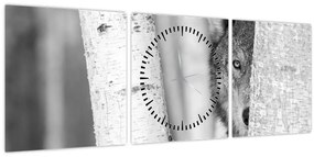 Obraz - Vlk v lese (s hodinami) (90x30 cm)