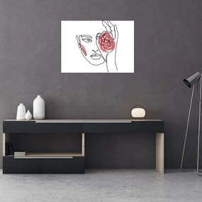 Sklenený obraz - Line art tvár s ružou (70x50 cm)