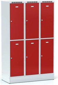 Šatníková skrinka S6 na sokli s úložnými boxami, 6 boxov, 1920 x 1200 x 500 mm, otočný zámok, červené dvere