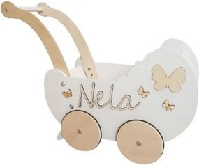 Drevený kočík pre bábiky s dekoráciou biela + drevo