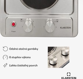 Klarstein Appetito Domino, elektrická varná doska, 3000 W, 2 platne, 6 stupňov výkonu, nehrdzavejúca oceľ