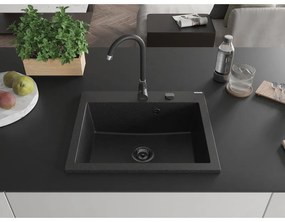 Mexen Elix, 1-komorový granitový drez 600 x 500 mm, čierna/strieborná metalíza, čierny sifón - 6525601005-73-B