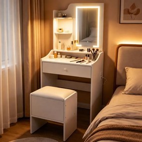 Kozmetický toaletný stolík so zrkadlom a LED osvetlením, 3 farby, police, zásuvka, taburetka,