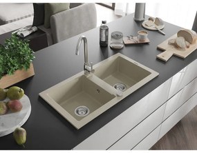 Mexen Mario, 2-komorový granitový drez 820x436x161 mm a chrómová drezová batéria Telma, béžová, 6504-69-670200-00