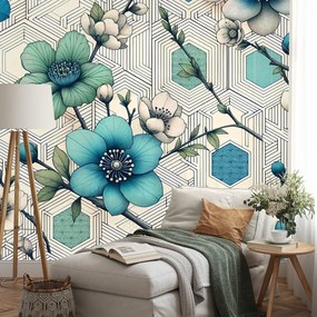 Tapeta modré kvety s geometrickým pozadím