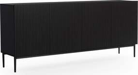 Čierna matná komoda Nicole 200 cm so štyrmi dverami a ryhovaným čelom - čierne nožičky