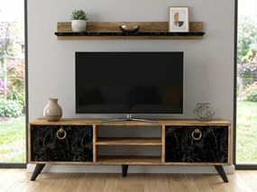 TV stolík ZEN 160 cm s nástennou policou, dekor orech/čierny mramor