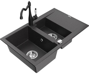 Mexen Gaspar, granitový drez 752x436x161 mm, 1,5-komorový a drezová batéria Carla, čierna škvrnitá, 6507-76-670700-70