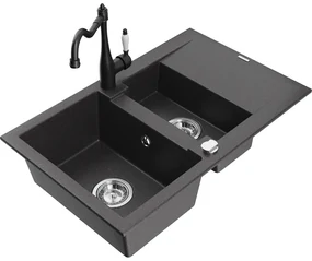 Mexen Gaspar, granitový drez 752x436x161 mm, 1,5-komorový a drezová batéria Carla, čierna škvrnitá, 6507-76-670700-70