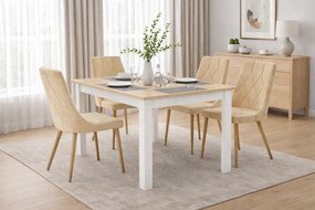 Jedálenská zostava stôl 120 x 80 cm dub sonoma / biele nohy a 4 stoličky IMOLA béžové / nohy vo farbe dreva