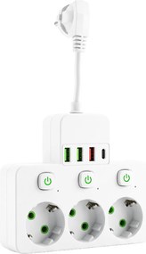 Toolight Toolight, JNH018, zásuvkový rozbočovač 3 zásuvky + 3× USB-A + USB-C s LED svetlom, biela, OSW-56306