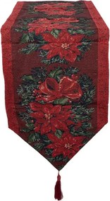 Červený látkový behúň s vianočnými hviezdami a strapcami - 33*180 cm