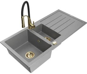 Mexen Andres, 1,5-komorový granitový drez 1000x500x200 mm a drezová batéria Aster, šedá, 6515-71-73450-57-G