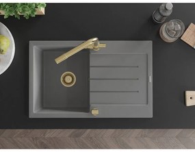 Mexen Bruno, 1-komorový granitový drez s odkvapkávačom 795x495x200 mm a zlatá batéria Duero, šedá, 6513-71-671600-50