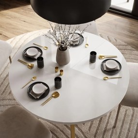 OKRÚHLY ROZKLADACÍ JEDÁLENSKÝ STÔL EWALD BIELY LESK + ZLATÉ NOHY 100/140 cm