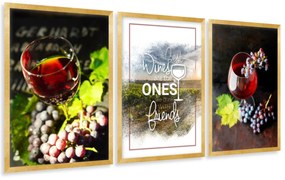 Gario Sada plagátov Dobré víno - 3 dielna Farba rámu: Zlatá, Veľkosť: 99 x 45 cm