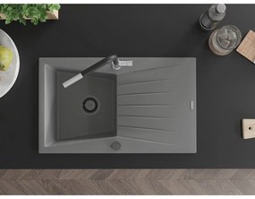 Mexen Cesar, 1-komorový granitový drez 775x470x190 mm a drezová batéria Flora, šedá, 6514-71-670401-07-B