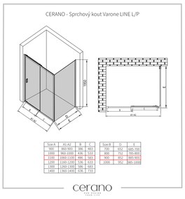 CERANO - Sprchovací kút Varone LINE L/P - čierna matná, grafitové sklo - 110x90 cm - posuvný, CER-CER-8050BD7218