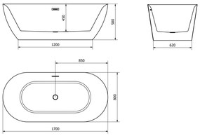 Mexen Roxy, voľne stojaca vaňa 170 x 80 cm, biela-čierna, biely prepad, 51201708075-20