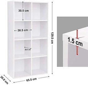 Regál do obývačky, 8 políc, 129,5x65,5x30cm, biely