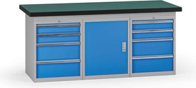 Pracovný stôl do dielne G8, 1800 x 750 x 800 mm, 1x skříňka, 2x kontejner, 8 zásuvek, modrá