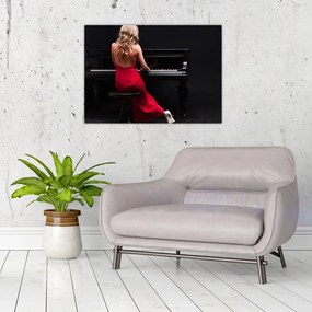Sklenený obraz ženy hrajúce na klavír (70x50 cm)